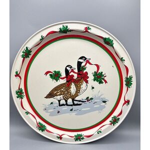 Vtg Potpourri Press Christmas‎ Tray Canadian Geese Holly Ribbon Metal 1985